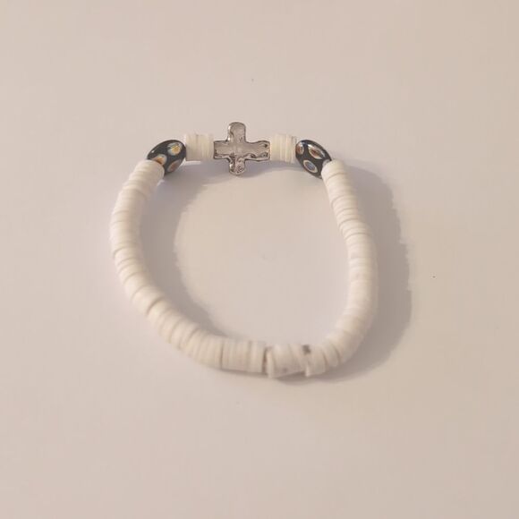 647 White Heishi Beaded Stretch with Black Colorful Beads and Silver Cross - Picture 4 of 4
